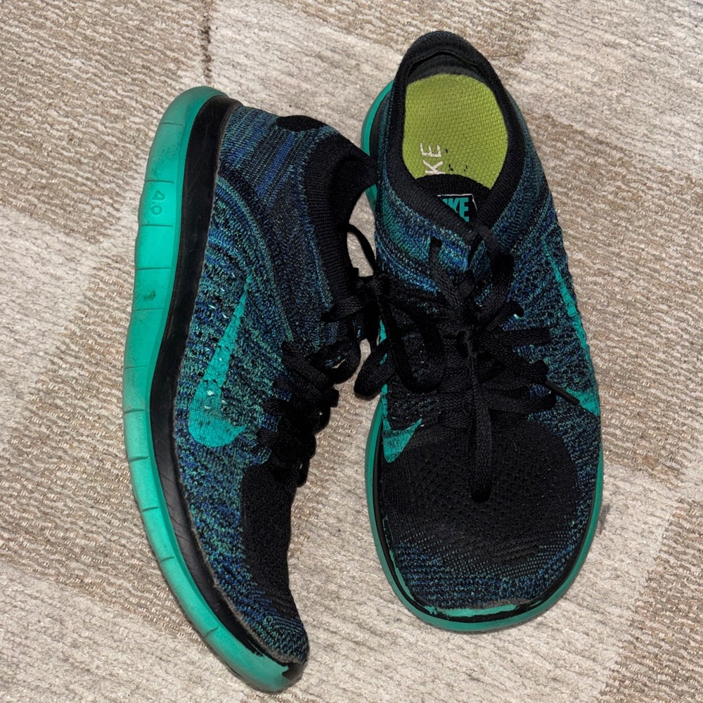 Nike Womens Free 4.0 Flyknit Running Shoes Black Blue